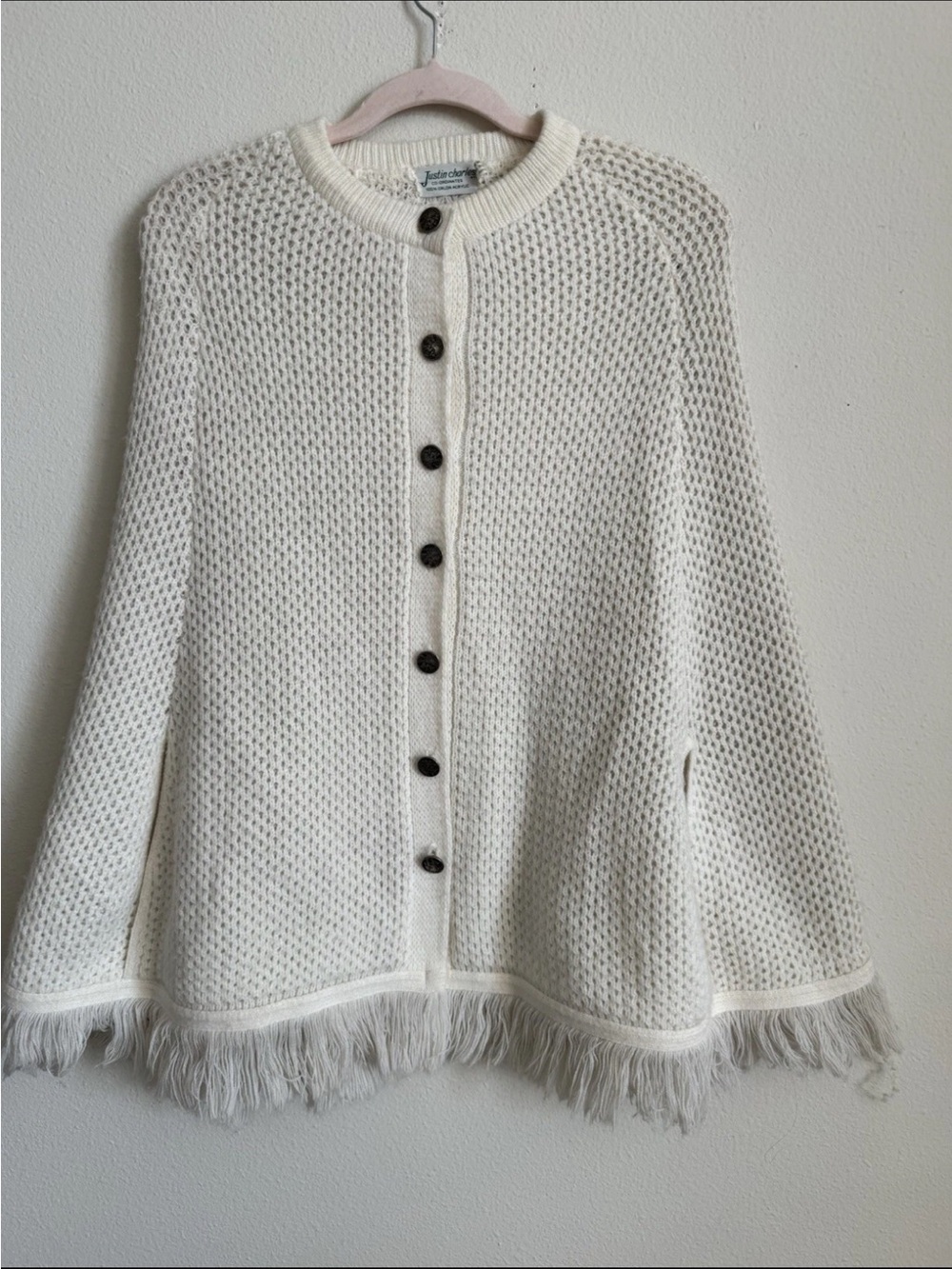 Vintage 1960s Ecru Ivory Knit Cape Poncho Buffalo Nickel Buttons One Size